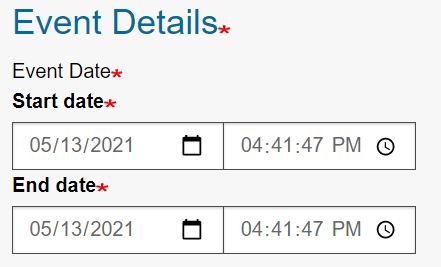 Complete Event Details by inputting the correct start/end date and time. Pay attention to time-zones. The default time-zone is the time-zone associated with your account. 