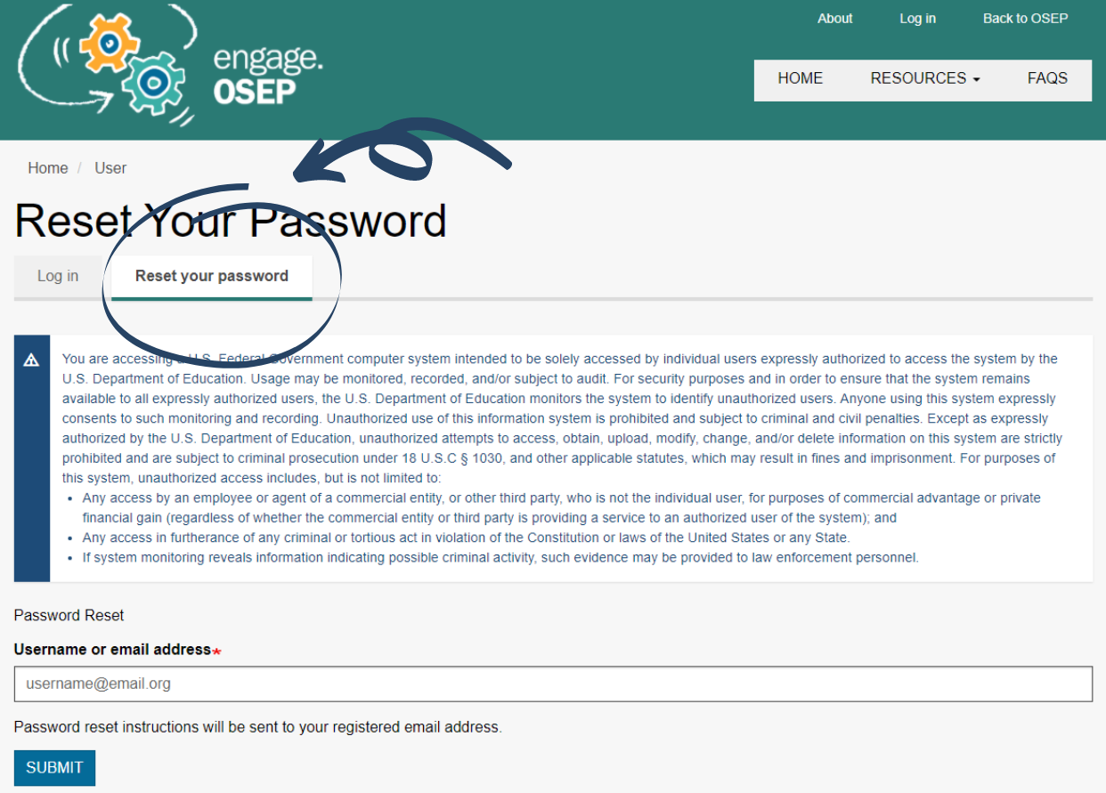 log in screenshot showing click reset password